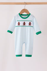 Blue Plaid Gingerbread Embroidery Romper