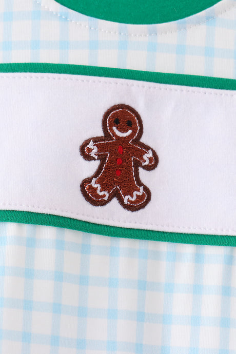 Blue Plaid Gingerbread Embroidery Romper