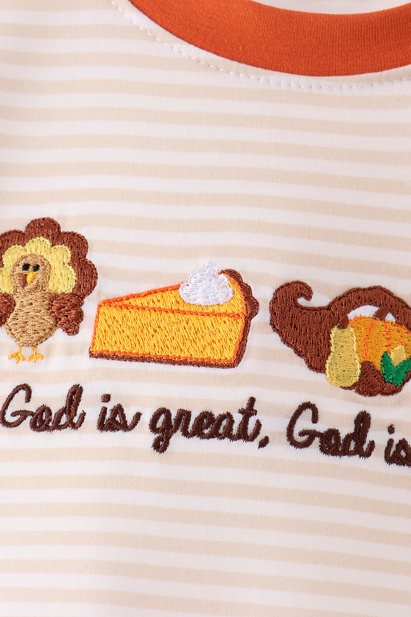 Cream turkey pumpkin embroidery top