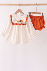 Cream turkey pumpkin embroidery ruffle bloomer set