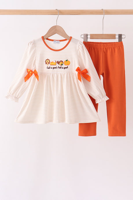 Cream turkey pumpkin embroidery bow pants set