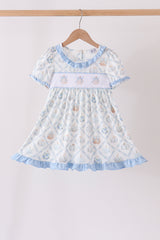 Blue pumpkin embroidery ruffle dress