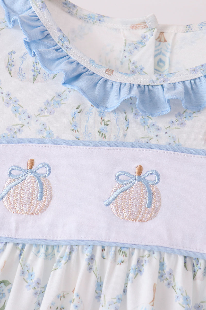 Blue pumpkin embroidery ruffle dress