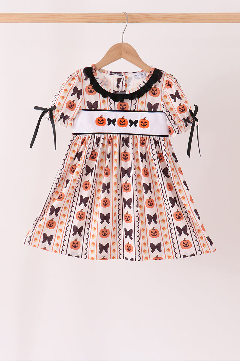 Pumpkin bow embroidery ruffle dress