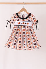 Pumpkin bow embroidery ruffle dress