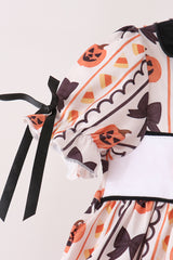Pumpkin bow embroidery ruffle bloomer set