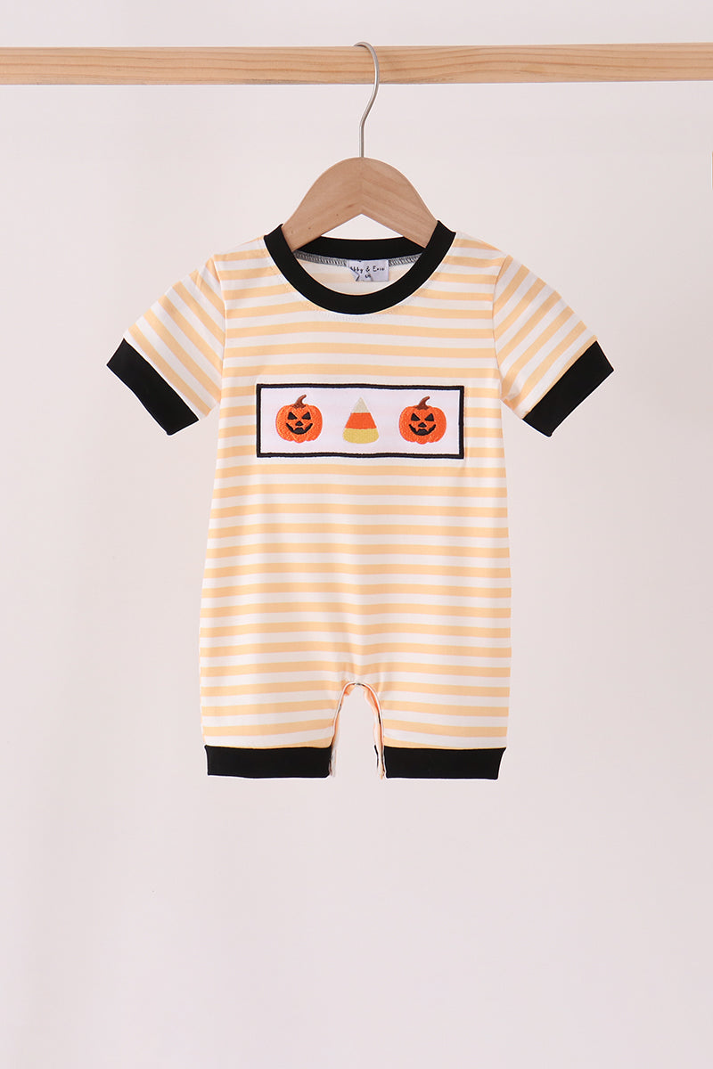 Pumpkin embroidery stripe romper