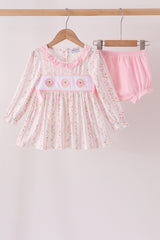Pink floral turkey embroidery ruffle bloomer set