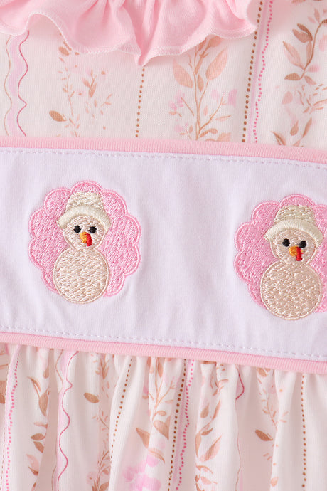 Pink floral turkey embroidery ruffle bloomer set