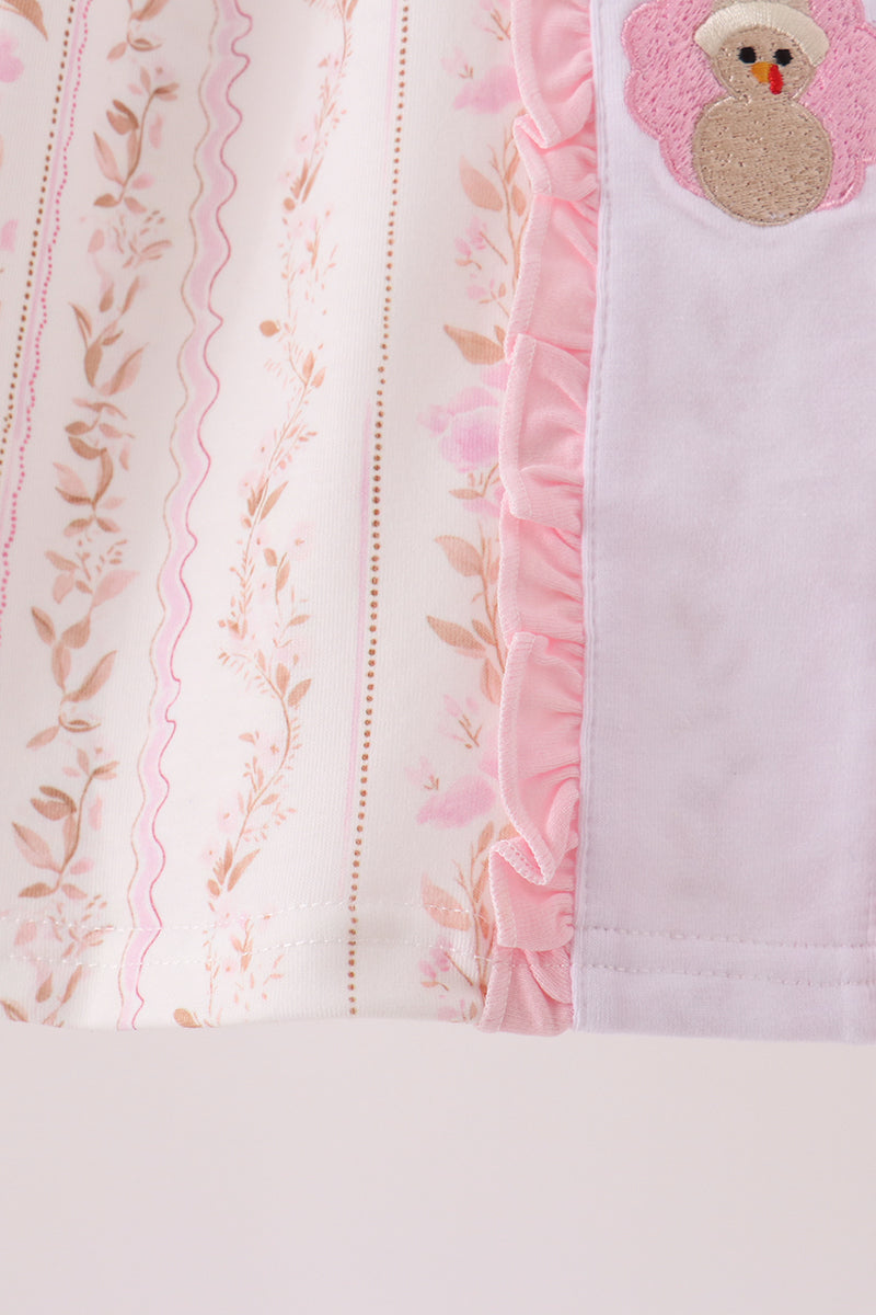 Pink floral turkey embroidery ruffle dress