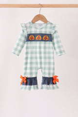 Sage Turkey Embroidery Gingham Ruffle Romper