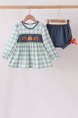 Sage Turkey Embroidery Gingham Ruffle Bloomer Set