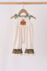 Olive turkey applique stripe ruffle romper