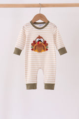 Olive turkey applique stripe romper