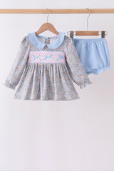 Blue Floral Bow Smocked Bloomer Set