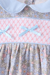 Blue Floral Bow Smocked Bloomer Set