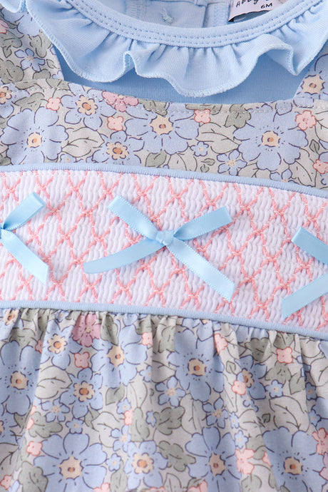 Blue Floral Bow Smocked 2pc Bubble Set