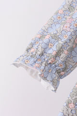 Blue Floral Bow Smocked Ruffle Pants Set