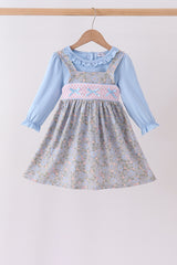 Blue Floral Bow Smocked 2pc Set