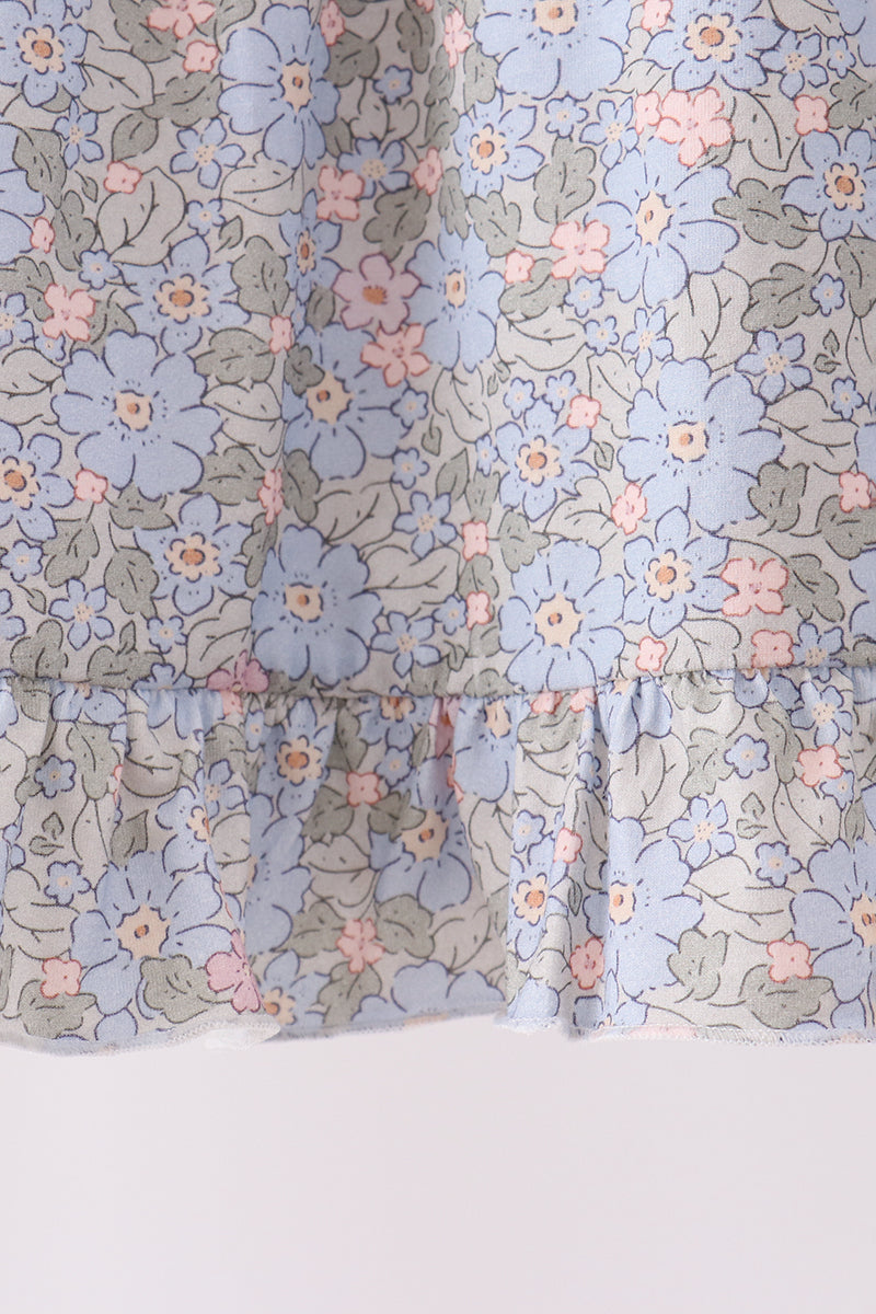 Blue Floral Bow Smocked Ruffle Dress