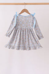Blue Floral Bow Smocked Ruffle Dress