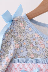 Blue Floral Bow Smocked Ruffle Dress