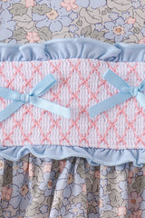 Blue Floral Bow Smocked Ruffle Dress