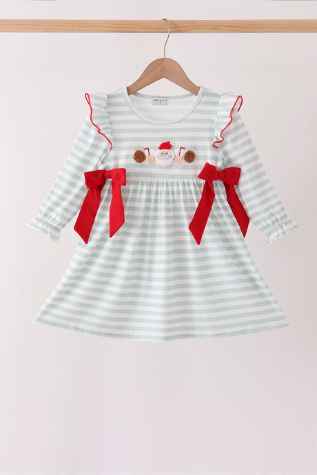 Gray stripe santa french knot ruffle dress