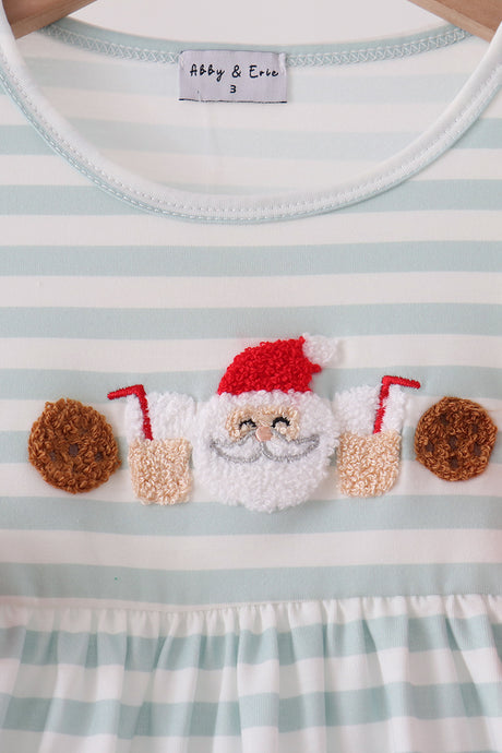 Gray stripe santa french knot ruffle dress