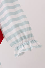 Gray stripe santa french knot ruffle dress