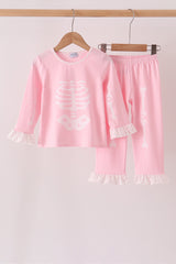 Pink skeleton print ruffle pants set