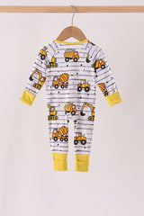 Yellow Construction Trucks Zip Bamboo Romper