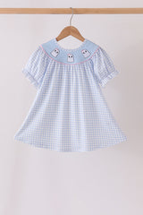 Blue ghost embroidery gingham dress