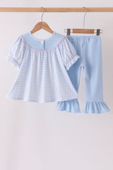 Blue ghost embroidery gingham ruffle pants set