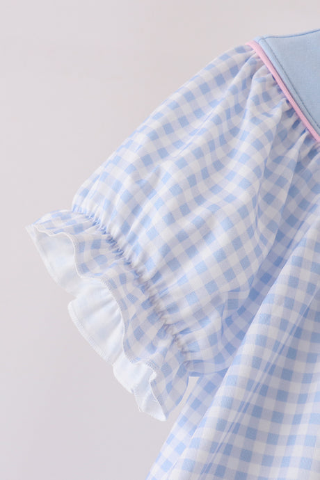 Blue ghost embroidery gingham ruffle pants set