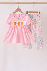 Pink pumpkin embroidery ruffle pants set