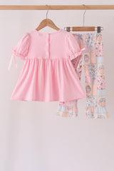 Pink pumpkin embroidery ruffle pants set