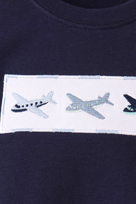 Navy Airplane Embroidery Pants Set