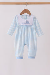 Blue train embroidery gingham romper