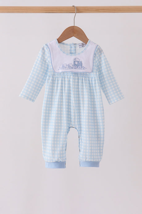 Blue train embroidery gingham romper