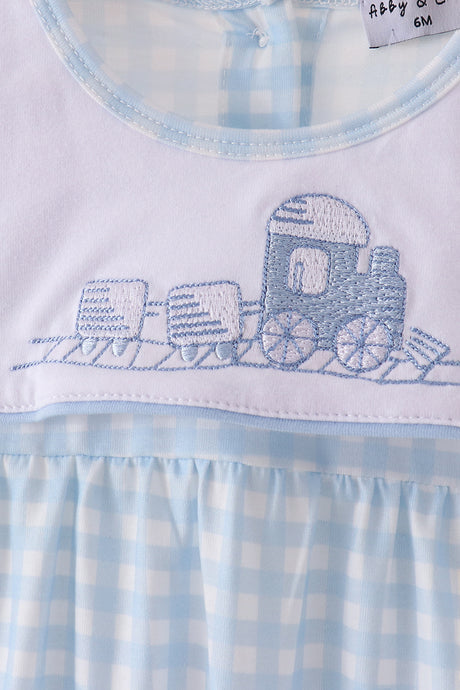 Blue train embroidery gingham romper