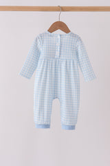 Blue train embroidery gingham romper