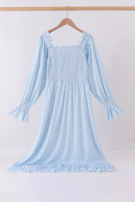 Blue floral smocked mom dress