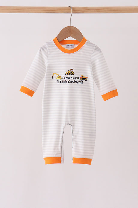 Gray stripe construction vehicle embroidery romper