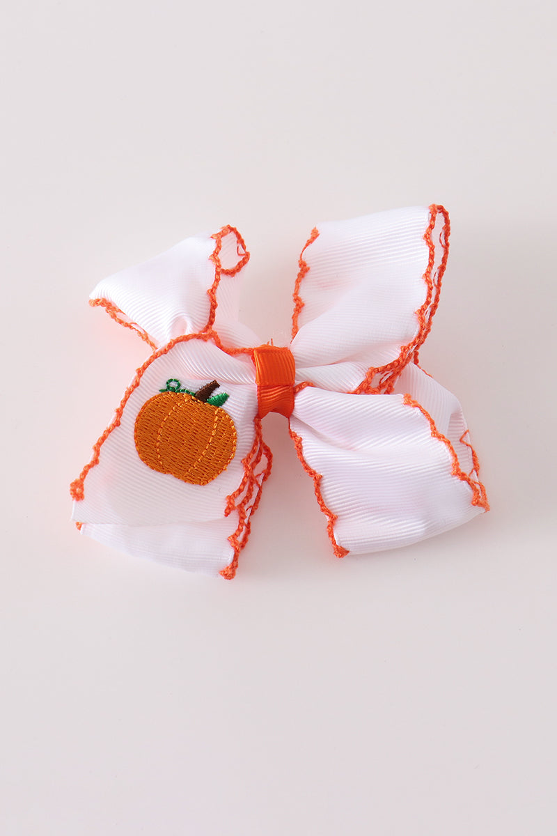 Orange pumpkin embroidery crochet edge hair bow