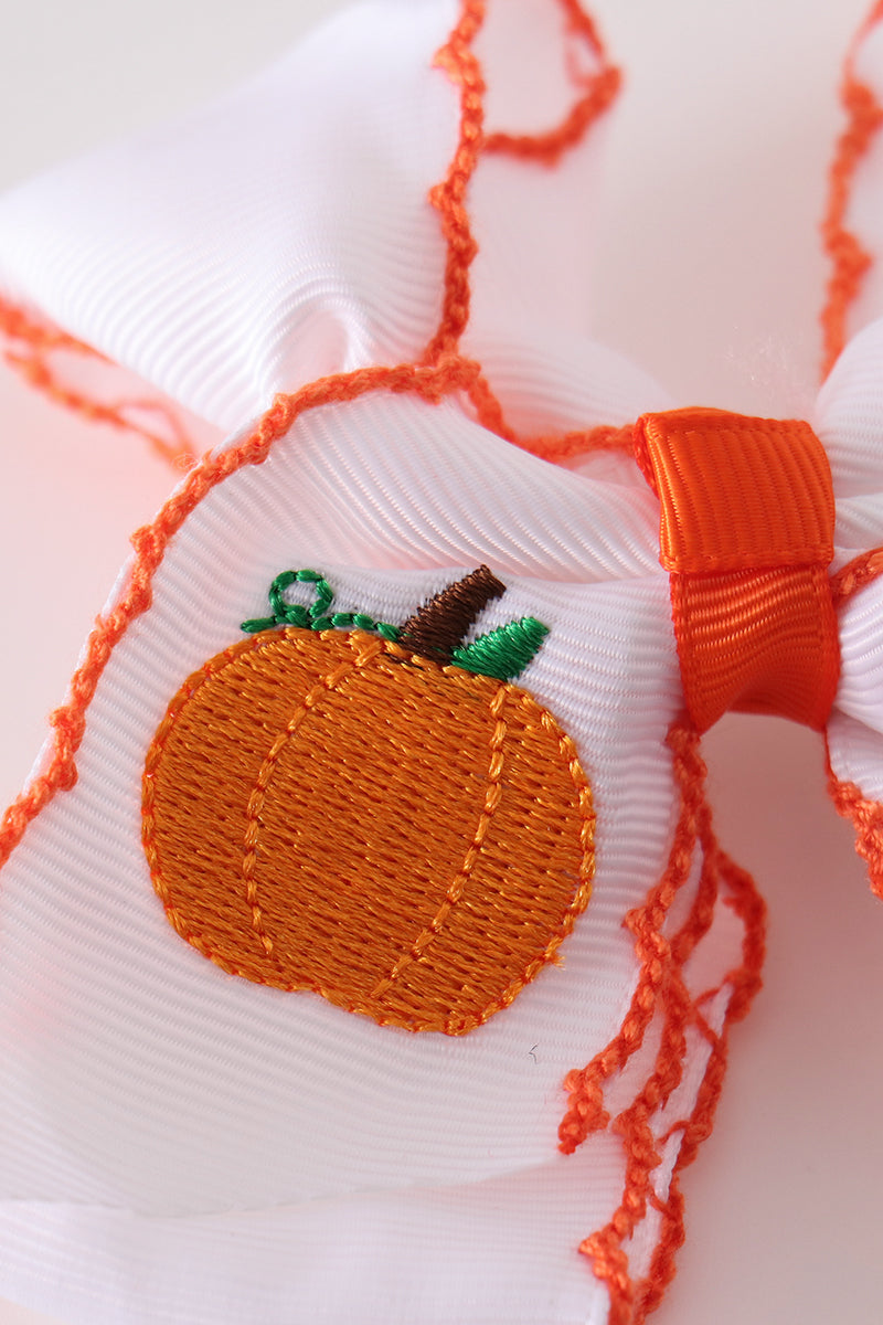 Orange pumpkin embroidery crochet edge hair bow
