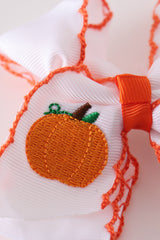Orange pumpkin embroidery crochet edge hair bow