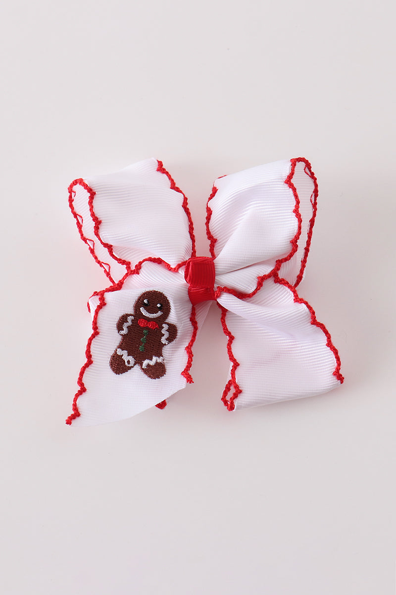 Red gingerbread embroidery crochet edge hair bow