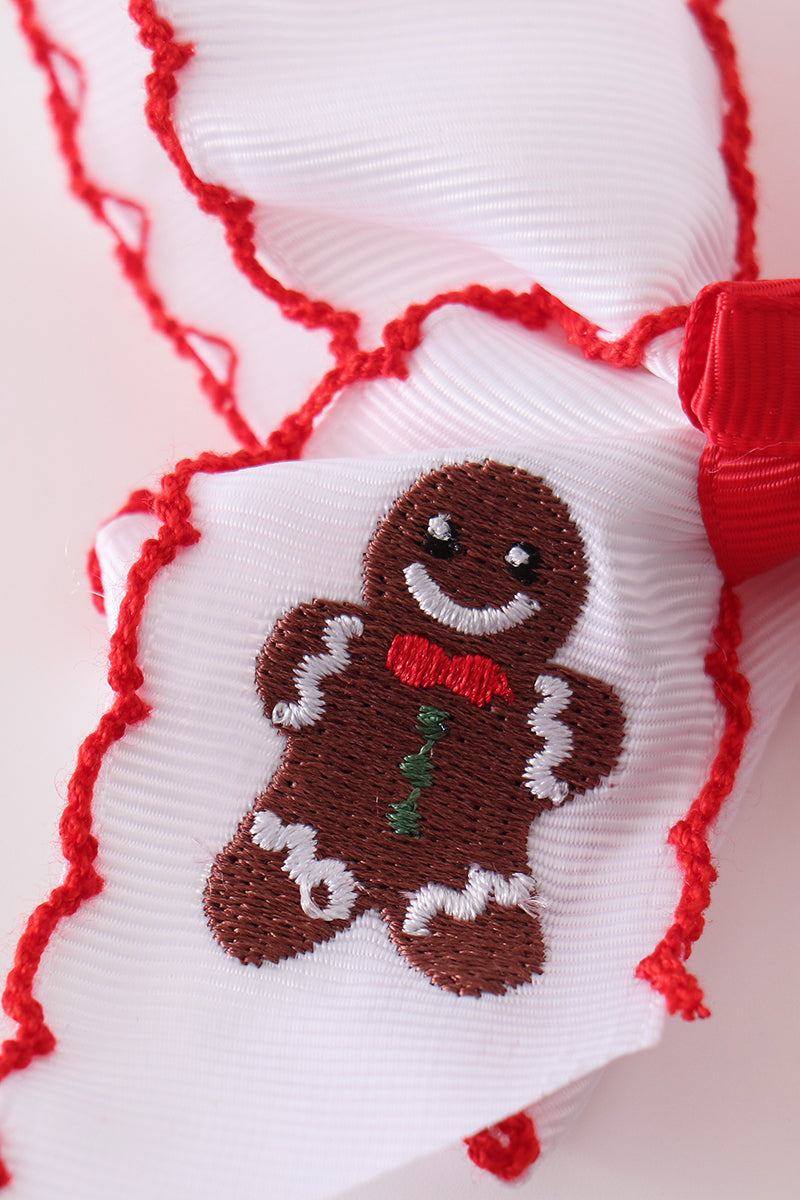 Red gingerbread embroidery crochet edge hair bow