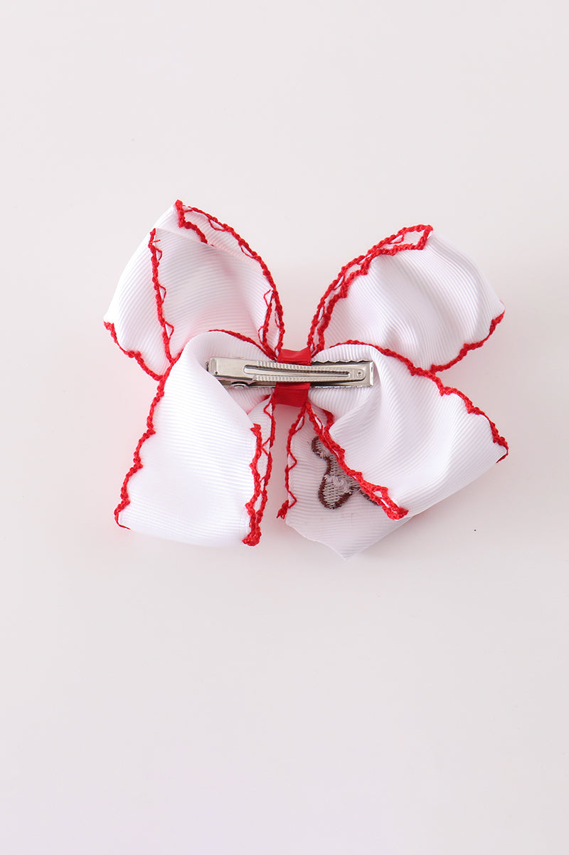 Red gingerbread embroidery crochet edge hair bow